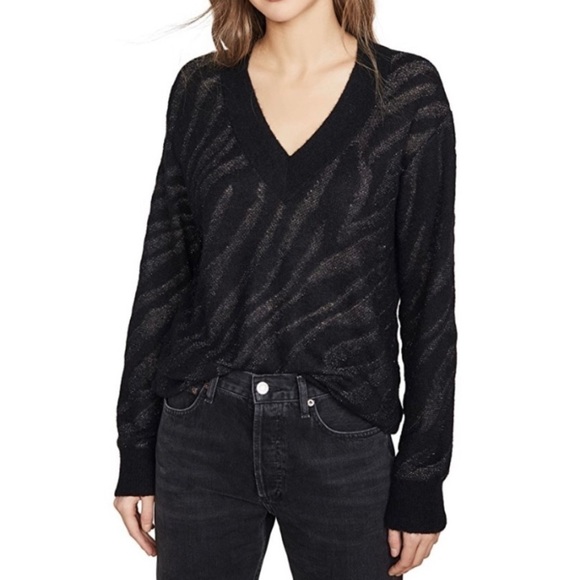 Rag & Bone Germain V Neck Sweater Zebra Stripe Metallic Black Silver Alpaca XS - Picture 13 of 13